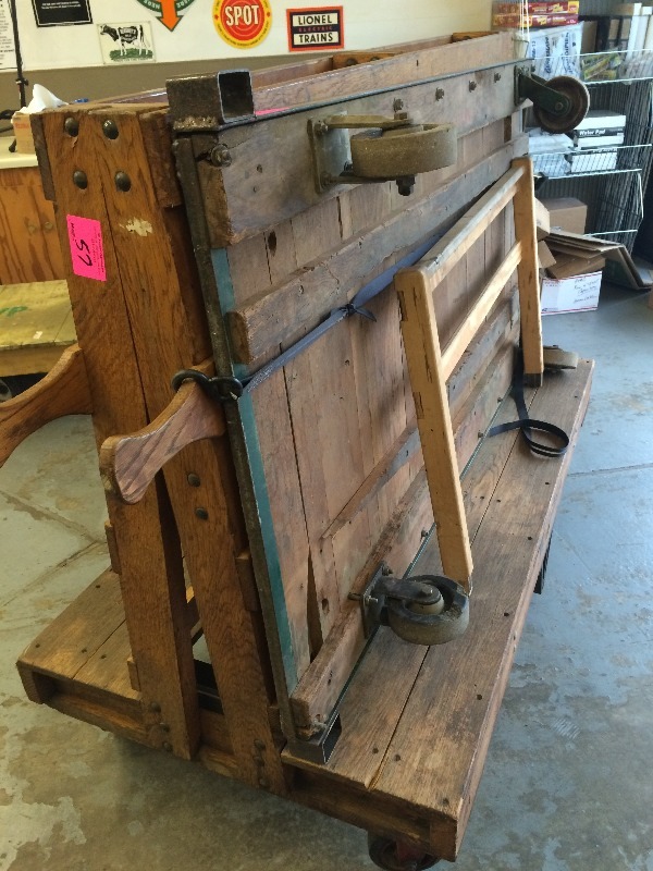 lot 57 image: Solid Oak Hamilton A-Frame Material Handling Cart - Measures 36 wide x 6ft long  Older but Still in very good shape