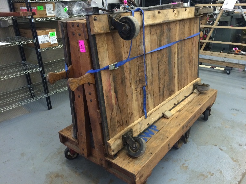 lot 58 image: Solid Oak Hamilton A-Frame Material Handling Cart - Measures 36 wide x 6ft long  Older but Still in very good shape