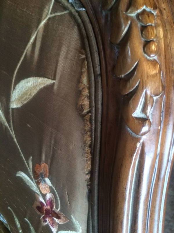 Ornate Carved Wood Chair With Silk Fabric 2