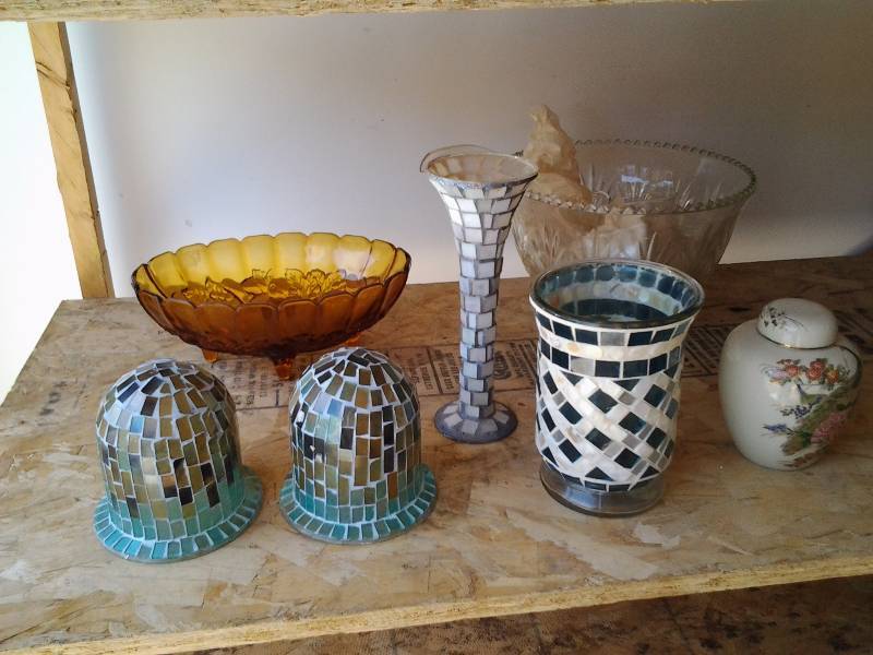 Mosaic Glass Ware, Amber Glass, Footed Bowl, Punch Bowl With Cups