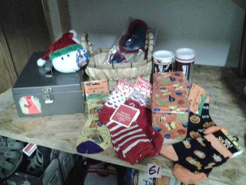 Lot Of New Seasonal Socks, Banks, Basket, File Box,Misc