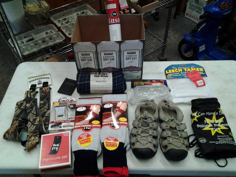 Mens New Lounge Pants Size XL, Socks, Shoes 9 12, Money Clip, Safety Goggles. Suspenders, Misc