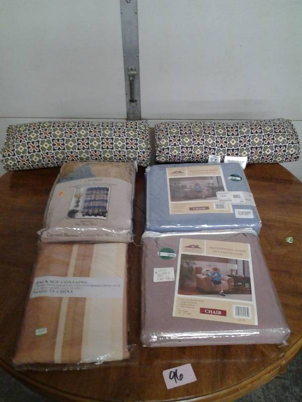 2-NEW Chair Covers (Waterproof Pet Protectors), 2-NEW Shower Curtains, 2-Side Pillows
