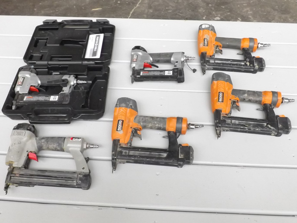 lot 28 image: Lot of 6 Pneumatic Porter Cable & Ridgid Pin NailersFinishing Staplers