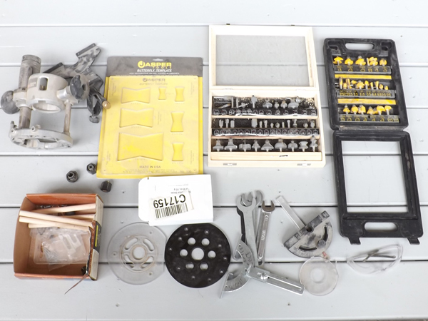lot 32 image: Large lot of Router Bits, Porter Cable Router Base & Accessories