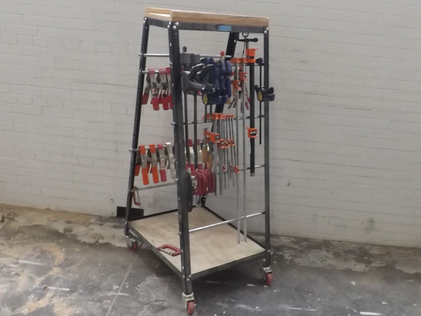 lot 43 image: Rockler Rolling Rack FILLED w Various Clamps etc.