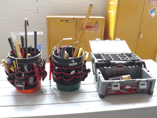 lot 46 image: Lot of 3 PACKED Husky Contractor Tool Box Buckets Etc.