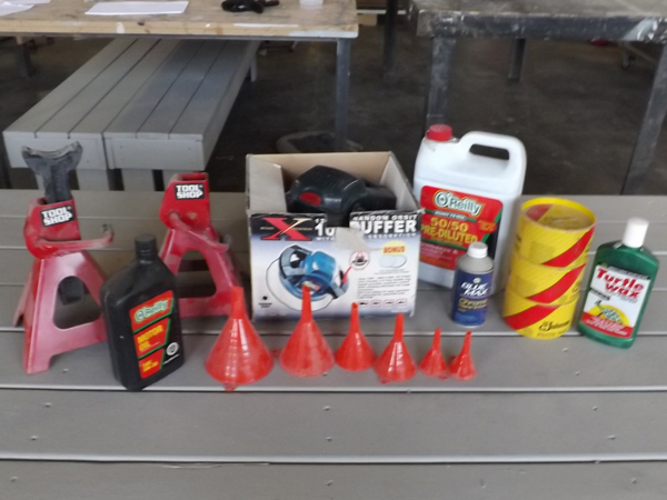lot 75 image: Lot of Automotive Supplies, Buffer, Jack Stands etc.