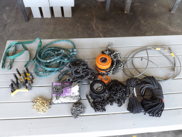 lot 77 image: Lot of Hoists, Chain, Rope & Plank Carrying Handles etc.