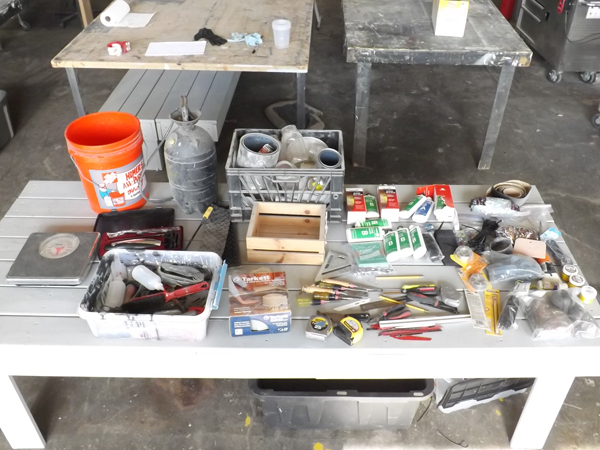 lot 81 image: Large Lot of Misc. Tools, Chisels, Paint Supplies, Batteries, Scale etc.