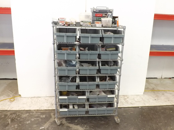 lot 84 image: NSF Rolling Shelf wPullout Part Bins FULL of Hardware