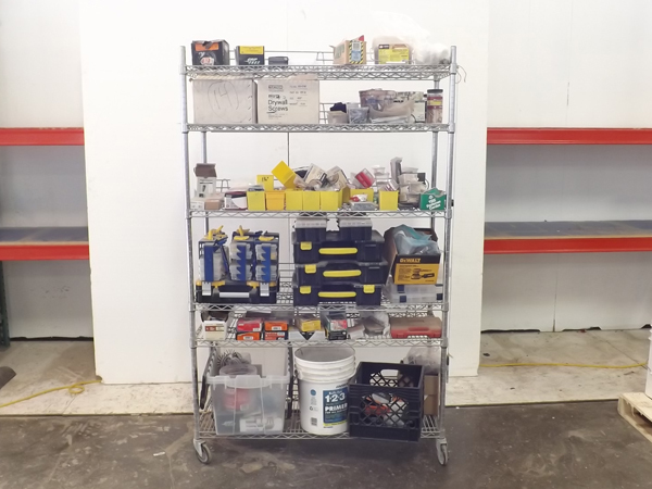lot 85 image: NSF Rolling Shelf FULL of Toolboxes, Hardware etc.