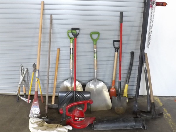 lot 93 image: Large Lot of Outdoor Tools Shovels, Leaf Blower, Pickaxes etc.