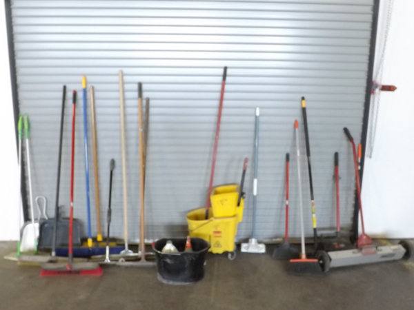 lot 94 image: Lot of Maintenance Tools Brooms, Magnetic Sweeper, Custodial Bucket etc.