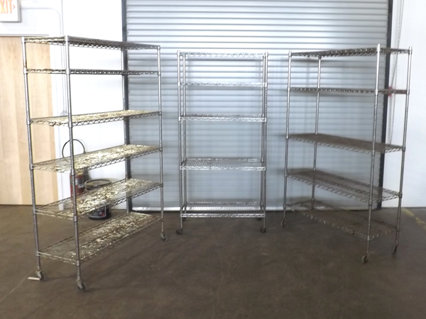lot 130 image: Lot of 3 NSF Rolling Steel Chrome Shelving Units