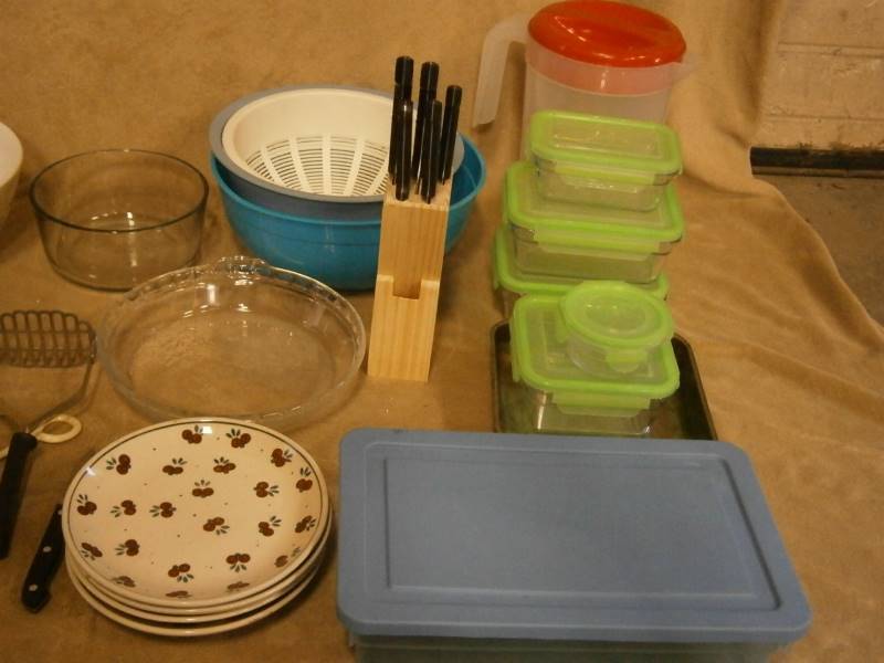 Lot of Plates, Glasses, Silverware & Storage Containers