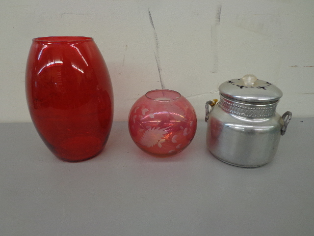 lot 61 image: Aluminum Simmer Pot & Red Glass Vases