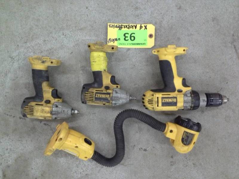 lot 93 image: (3) DeWalt Drills, (1) Portable Light