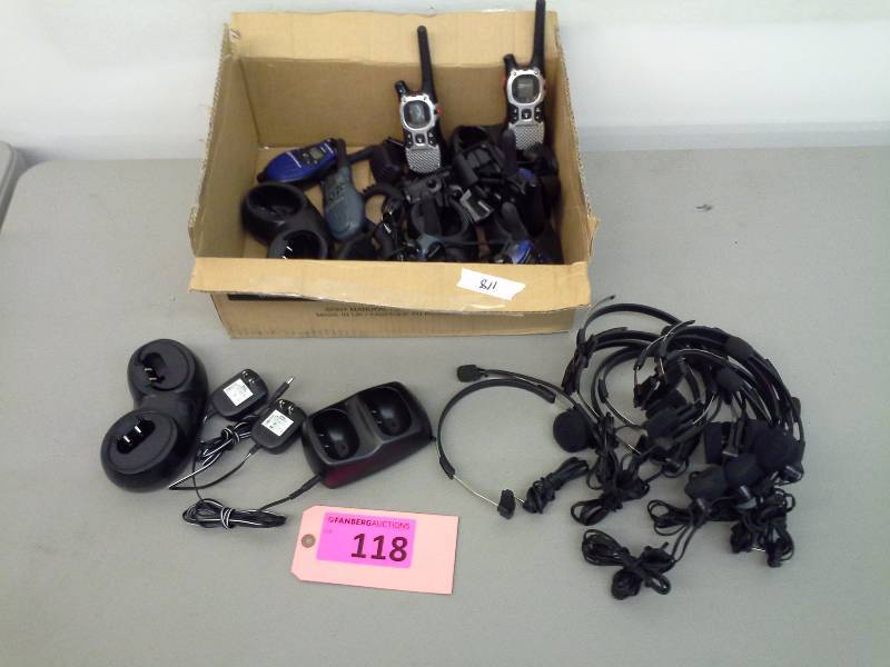lot 118 image: Misc. Talkabout walkie talkie box w headsets and chargers