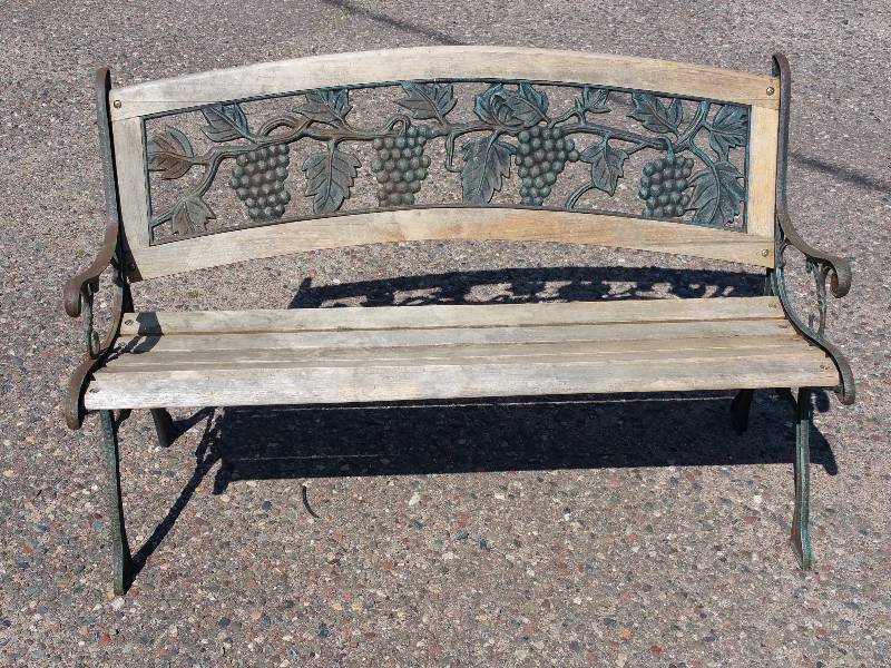 lot 15 image: Grape Themed Cast Iron and Wood Bench