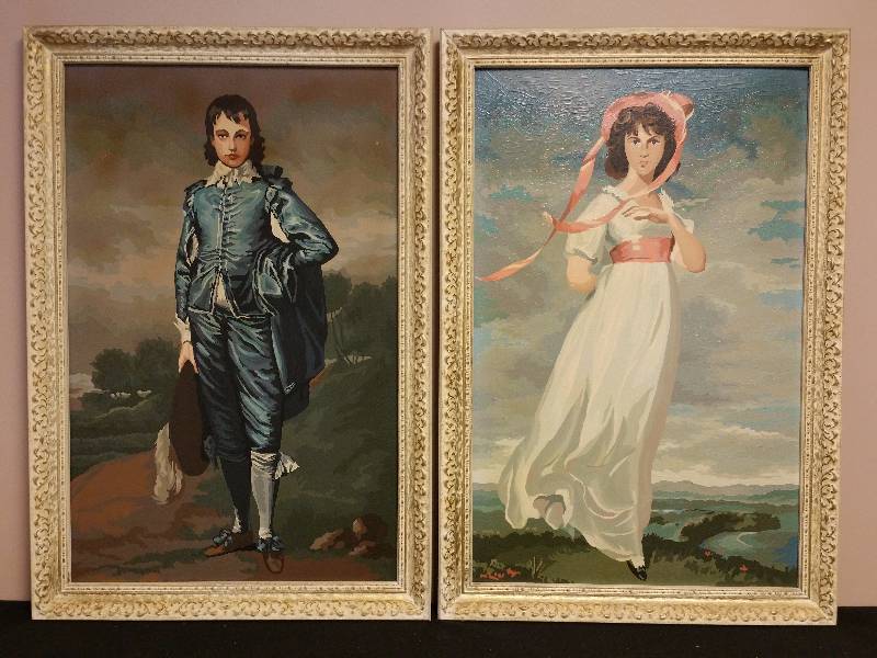 lot 146 image: Boy in Blue and Pink Lady Vintage Watercolor Framed