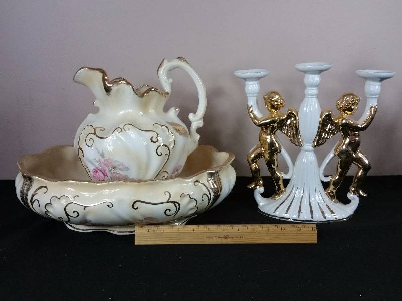 lot 197 image: Antique Gold Gilded Wash Basin & Pitcher  Gilded Angel Candle Holder