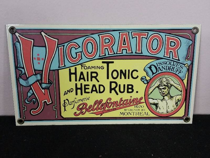 lot 202 image: Antique Styled Vigorator Hair Tonic Porcelain Sign