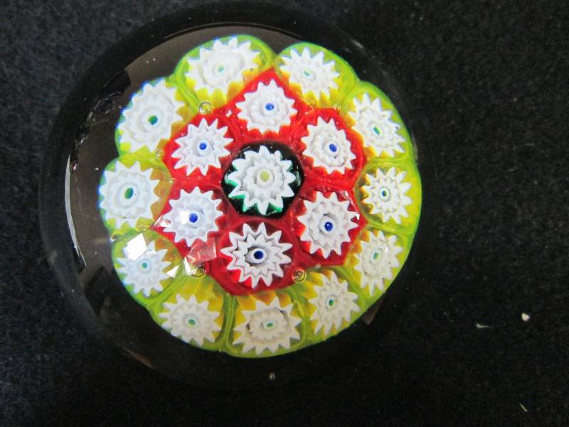 lot 116 image: Millifori Glass Paper Weight Yellow, Red, Green