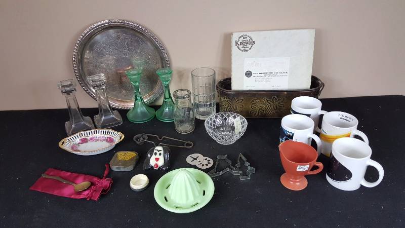 lot 156 image: Jadeite, Antique Milk Bottle, Depression Glass Candle Sticks, Old Coin Bank and More