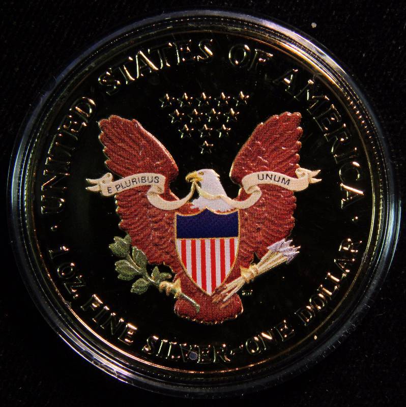 2005 AMERICAN SILVER EAGLE 1 TROY OZ. .999 FINE SILVER GOLD PLATED & COLOR ENHANCED IN AIRTITE HOLDER