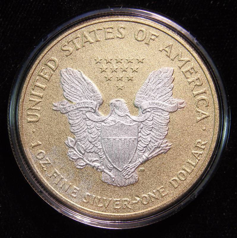 2005 AMERICAN SILVER EAGLE 1 TROY OZ. .999 FINE SILVER GOLD PLATED & COLOR ENHANCED IN AIRTITE HOLDER