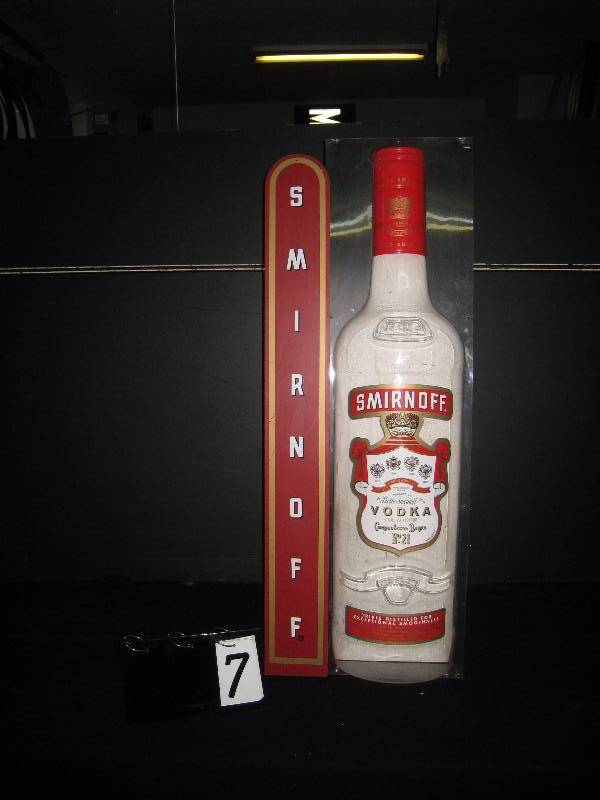 lot 7 image: Smirnoff 3D bottle  display and sign (2 separate items), plastic sign is 44 l x 6 w