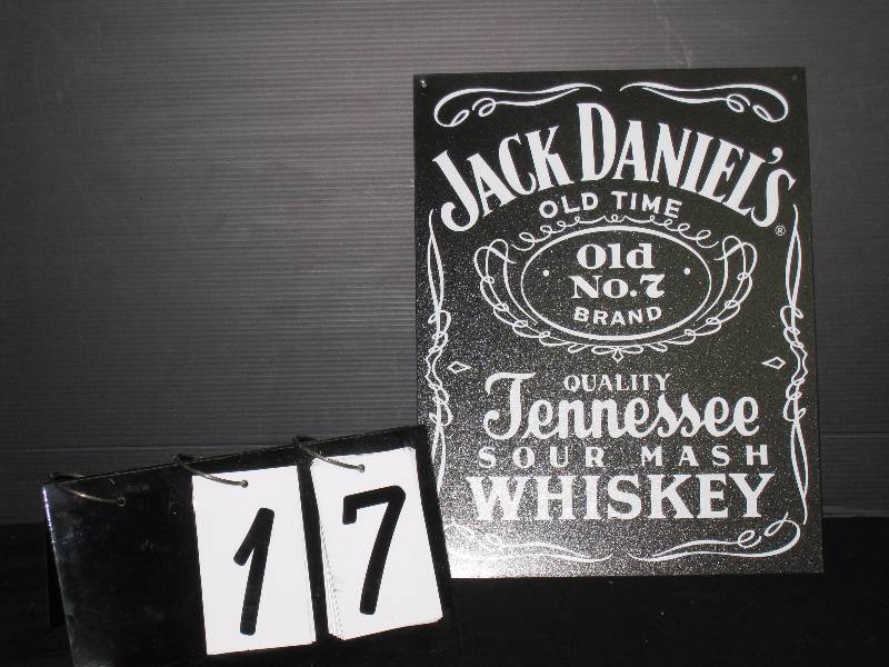 lot 17 image: Jack Daniels Tennesee Whiskey bottle label tin sign, NOS New Old Stock