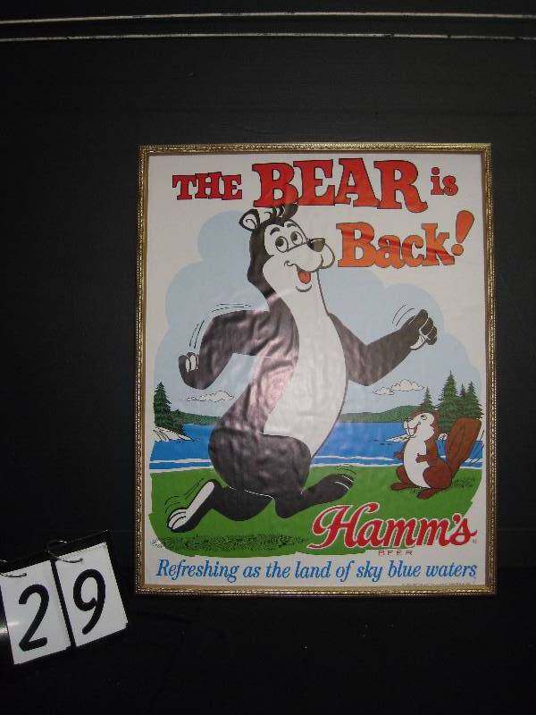 lot 29 image: Hamms The Bear is Back framed poster, nice bright color