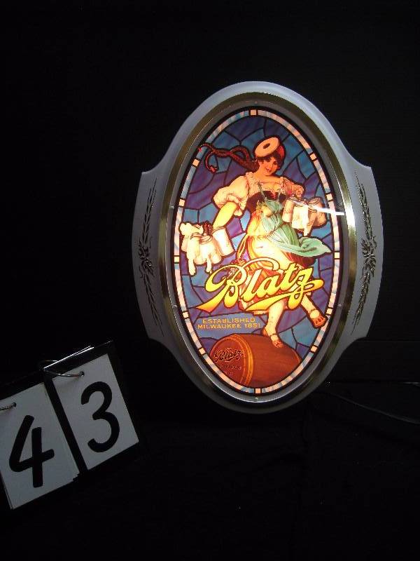 lot 43 image: Blatz Valerie girl, oval faux stained glass, lit sign, NOS New Old Stock