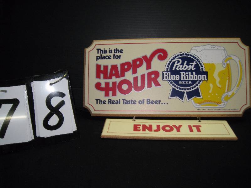 lot 78 image: Pabst Blue Ribbon, Happy Hour sign with hanging plaque (2 pieces)