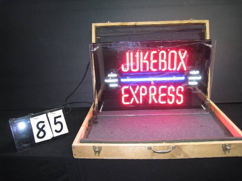 lot 85 image: Jukebox Express neon sign in custom wooden travel box
