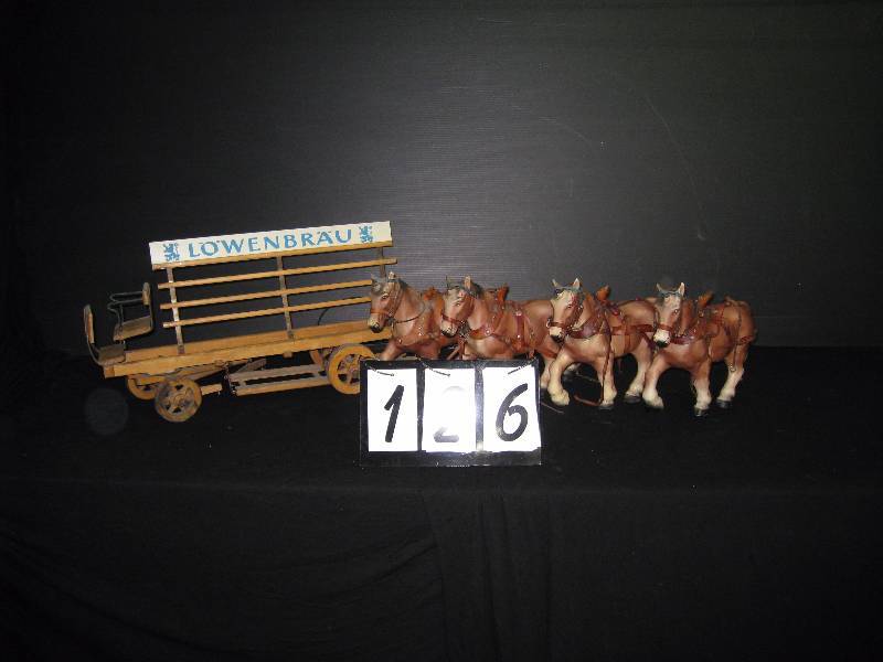 lot 126 image: Lowenbrau wooden cart with 4 draft horses, cart 25 l x 2 w, horses 13 x 10