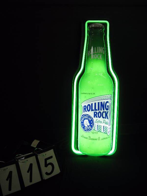 lot 115 image: Rolling Rock neon bottle - with unusual LED sparkle effect inside bottle - Very Cool, come see it in action