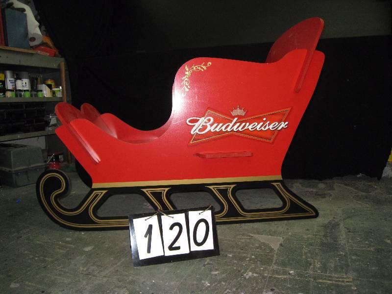 lot 120 image: Budweiser Santas Sleigh - heavy duty MDO board, great Christmas Xmas display, disassembles for easy storage