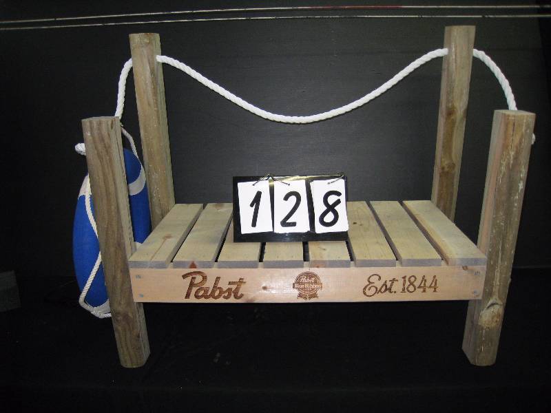 lot 128 image: Pabst wooden dock with life saver, a nice bench for the kids to use while fishing