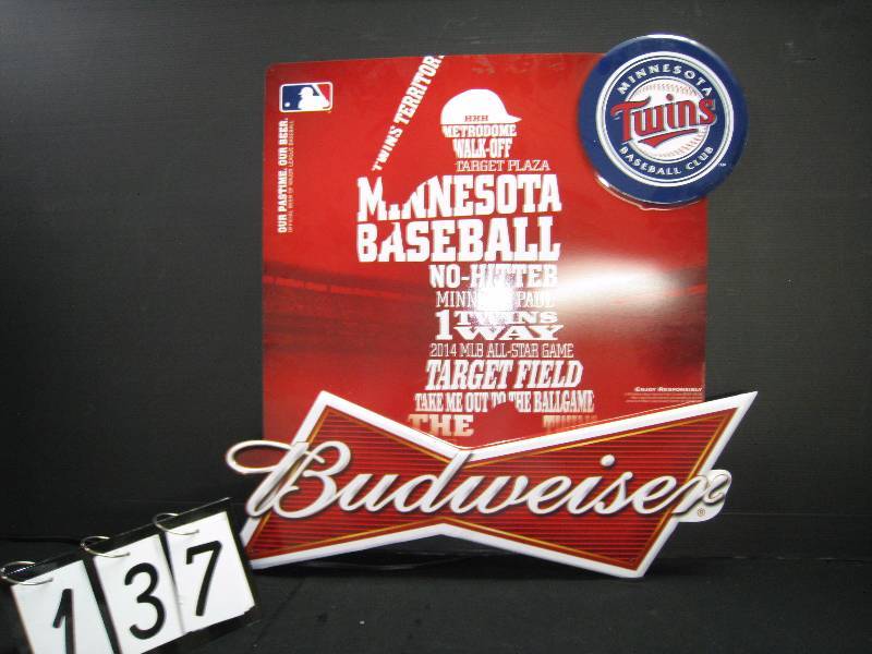 lot 137 image: Minnesota MN Twins, Minnesota Baseball Budweiser  embossed tin sign