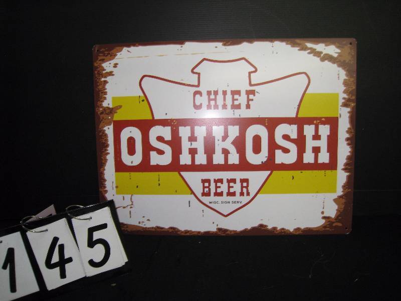 lot 145 image: Chief Oshkosh Beer tin sign - made to look old, looks new
