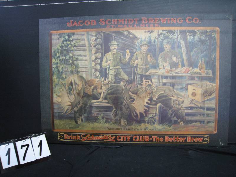 Jacob Schmidt Brewing City Club wood sign big game hunting party