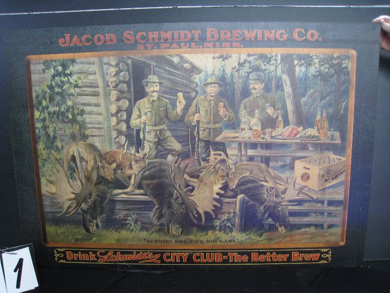 Jacob Schmidt Brewing City Club wood sign big game hunting party