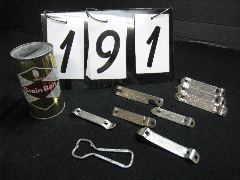 lot 191 image: Grain Belt beer 12 oz can bank with 9 mixed brand can openers