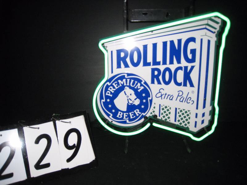 lot 229 image: Rolling Rock tin tacker with neon - New