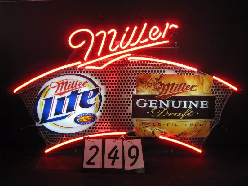 lot 249 image: Miller Lite  MGD perforated metal, neon sign
