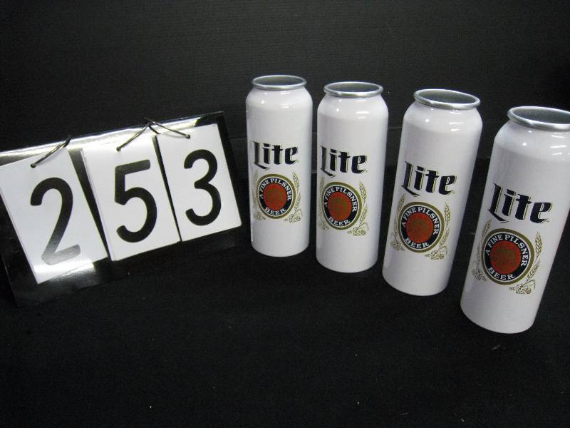 lot 253 image: Miller Lite heavy aluminum glasses - sturdy like a Sigg bottle, very nice with a thick rolled lip - 24 oz