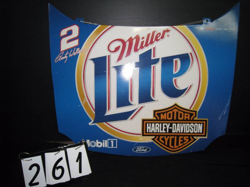 lot 261 image: Miller Lite aluminum hood with sponsorsMobil1, Rusty Wallace, NASCAR, Harley-Davidson and Ford